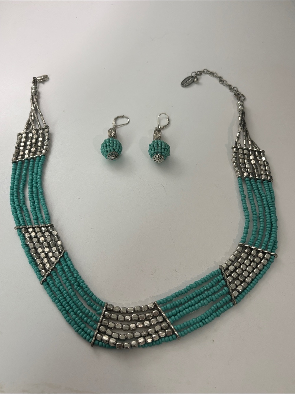Turquoise-Color Beaded Necklace + Coordinating Earrings Boho Statement Set